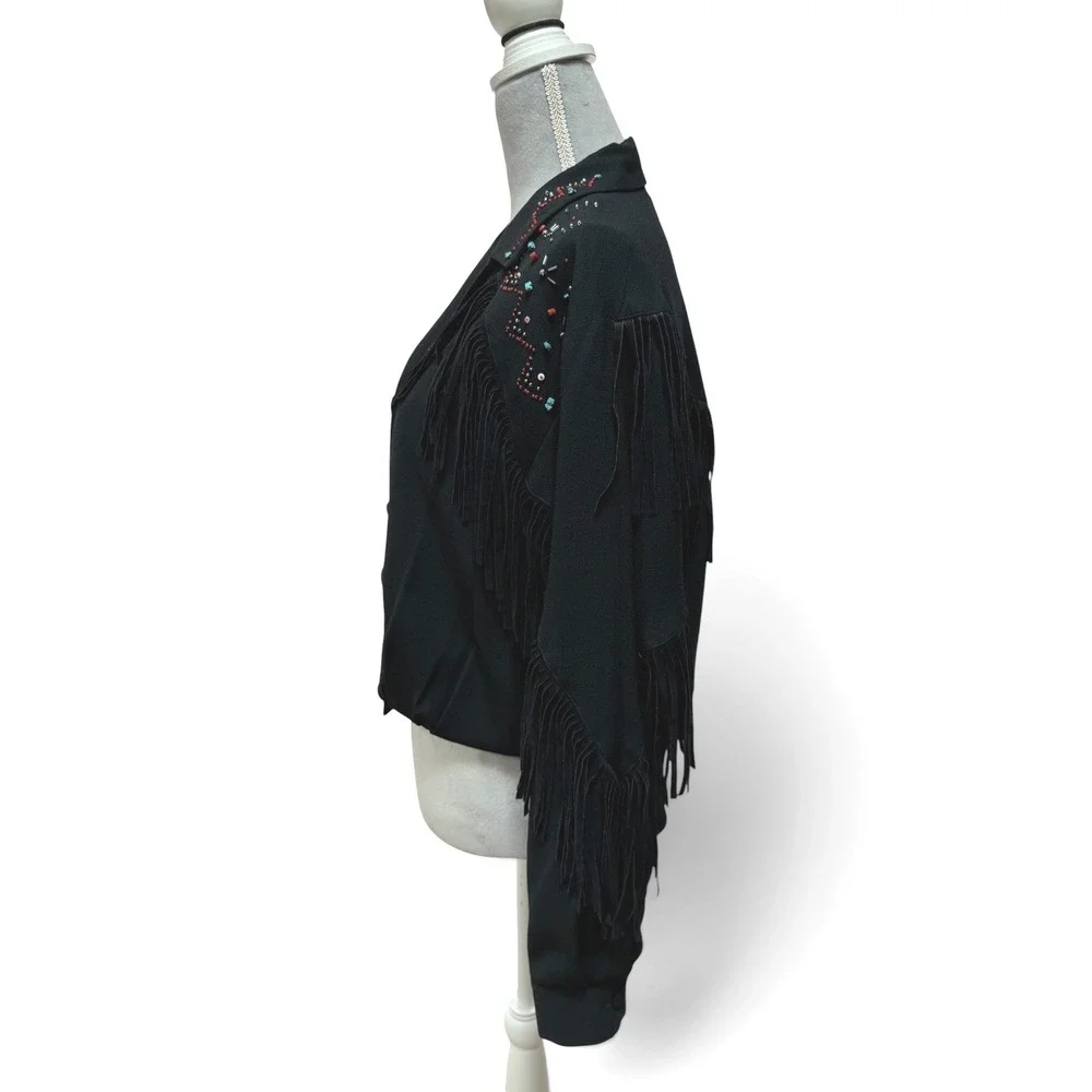 CAROLE‎ LITTLE Fringe Western Jacket Womens 6 Black Beaded Vintage Southwestern
